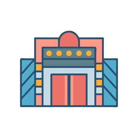 Retro styled movie theater entrance with ticket booth and marquee lightsのイラスト素材