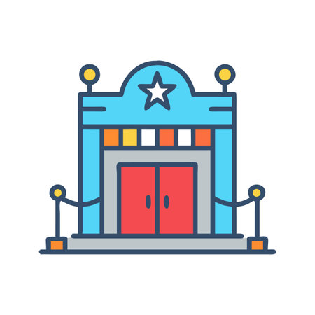 Theater entrance facade with red doors and star graphic in flat designのイラスト素材