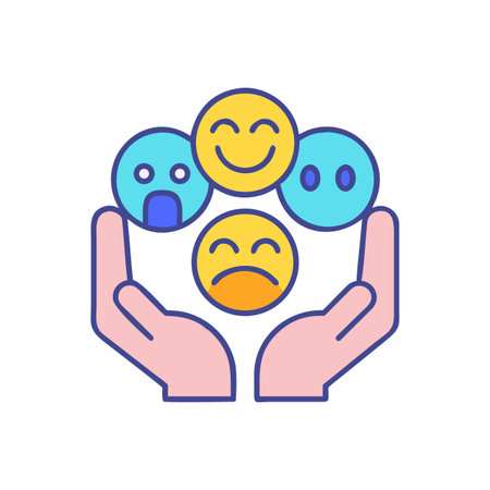 Hands holding diverse emoji faces, representing emotional support and mental wellbeingのイラスト素材