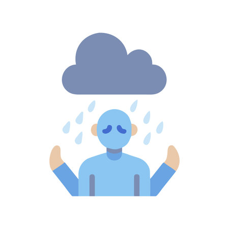 Flat illustration showing a figure standing under a rain cloud, feeling sadのイラスト素材
