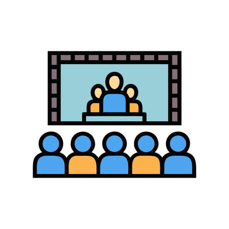Conference Presentation Stock Image Showing a Panel and Audience in Blue and Goldのイラスト素材
