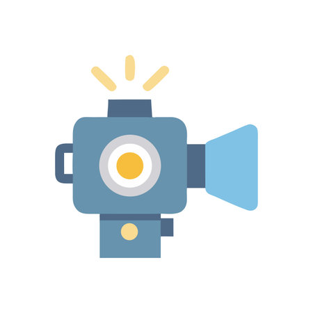 Retro style video camera illustration on black background with light raysのイラスト素材