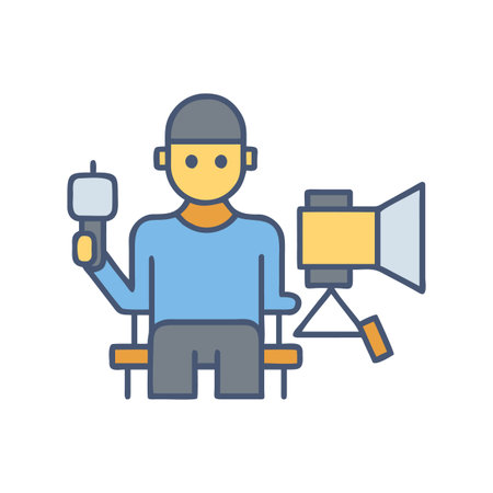 Cartoon cameraman sitting with equipment illustrating filmmaking or photography conceptのイラスト素材