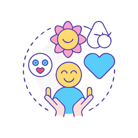 Illustration promoting positivity and self-care with symbolic elements and smiling charactersのイラスト素材