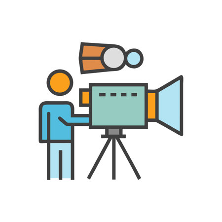 Cartoon cameraman character using retro film camera on tripod, against black backdropのイラスト素材