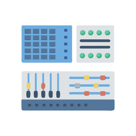 Stylized vector illustration of audio mixing console and beat machine for music productionのイラスト素材