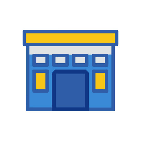 Blue and yellow store front illustration with eight white square windowsのイラスト素材