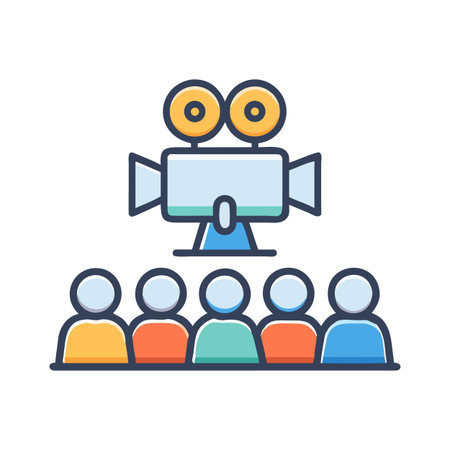 Vintage Movie Camera Showing Film to Group Audience in Black Backgroundのイラスト素材