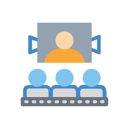 Conference call icon featuring three virtual attendees and one presenter on screenのイラスト素材