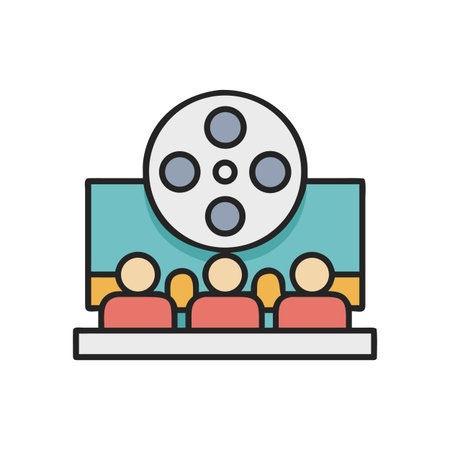 Cinema audience watching a film, stylized vector illustration with a reel, flat designのイラスト素材