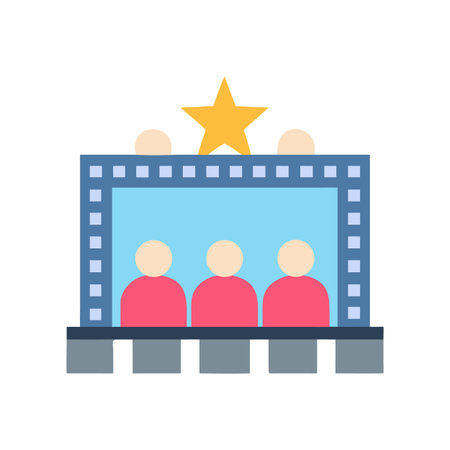 Cartoon Movie Theater with People and Star Icon on Black Backgroundのイラスト素材