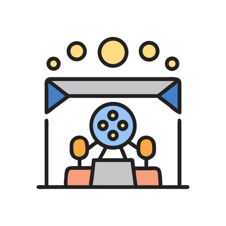 Stylized depiction of a film crew operating a classic film camera setupのイラスト素材