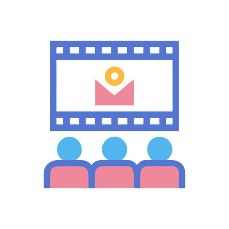 Movie theater scene with audience watching screen, stylized flat vector illustrationのイラスト素材