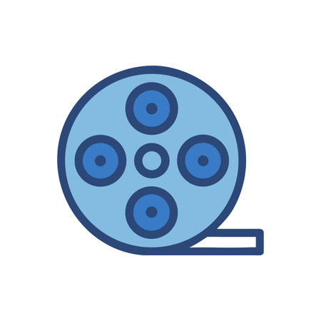 Blue film reel icon with navy outlines isolated against black backgroundのイラスト素材