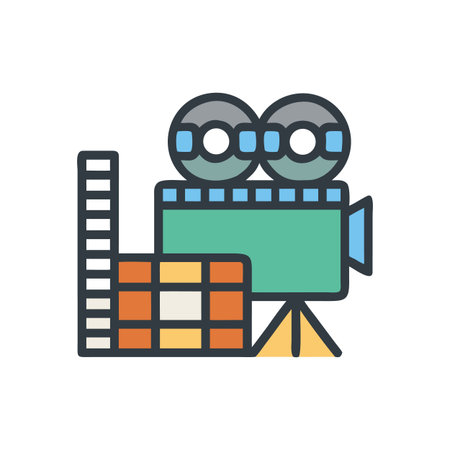 Retro film camera illustration with clapperboard and film strip on black backdropのイラスト素材