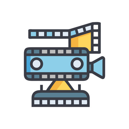 Stylized movie camera icon with filmstrip and clapperboard isolated on black background.のイラスト素材