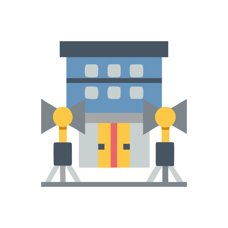 Flat building facade with spotlights, creating a theatrical or movie-like sceneのイラスト素材