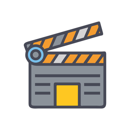 Cartoon style film clapperboard illustration on black backdrop, movie making equipmentのイラスト素材