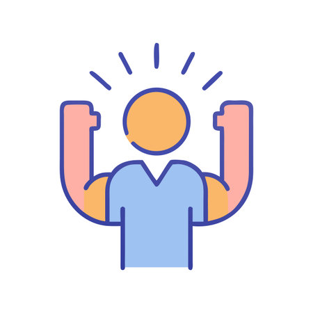 Cartoon icon depicting strong person flexing with a light blue shirtのイラスト素材