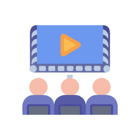 Three people watching a video on a screen icon, flat design styleのイラスト素材