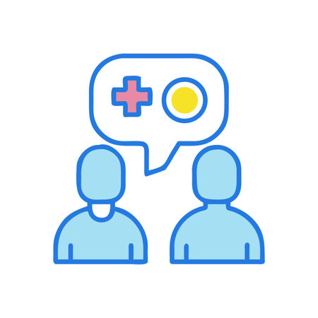 Medical consultation or healthcare discussion depicted with symbolic figures and speech bubble iconのイラスト素材