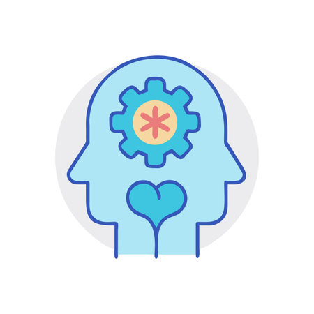 Mental health concept illustration: head silhouette with gear and heart iconのイラスト素材