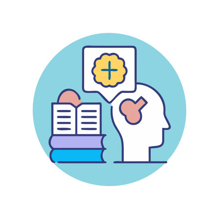 Knowledge and learning icon design, featuring books, head, and a plus symbolのイラスト素材