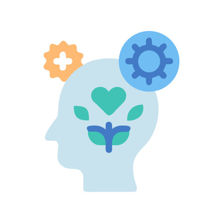 Mental wellness conceptual illustration with head silhouette, heart, plant, and gearsのイラスト素材