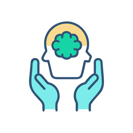 Hands holding head outline with brain, mental health and support symbolのイラスト素材