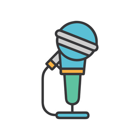 Flat design microphone icon with blue head, silver bands, and green base.のイラスト素材