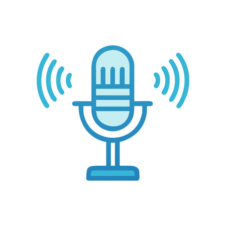 Vector microphone illustration showing sound waves in blue color scheme on black backgroundのイラスト素材