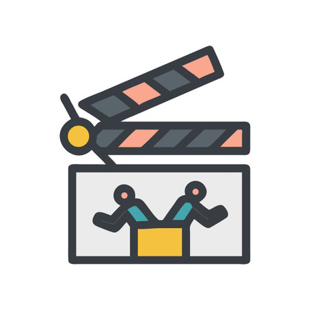 Clapperboard illustration with figures popping out of a box, movie making conceptのイラスト素材