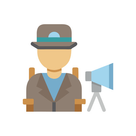 Cartoon director with camera and director chair flat illustration on black backdropのイラスト素材