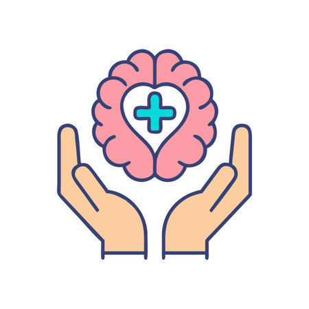 Caring for Mental Health: Hands Holding Brain with Medical Symbolのイラスト素材