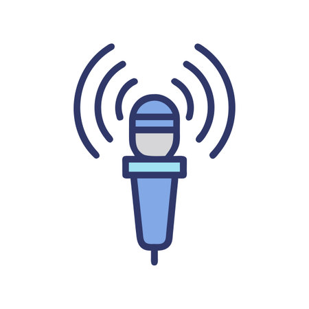 Modern microphone emitting sound waves, communication symbol on a black background.のイラスト素材