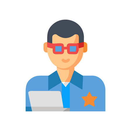 Policeman character with a star badge using a laptop computer, flat vectorのイラスト素材