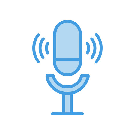 Blue microphone icon with sound waves emanating from it, set against black backgroundのイラスト素材