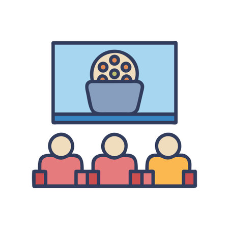 Illustration of cinema audience watching popcorn film on screen in theaterのイラスト素材