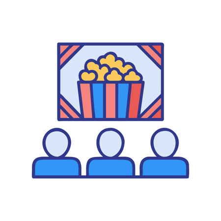 Cinema illustration showing moviegoers and popcorn bucket on the screenのイラスト素材