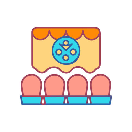 Illustration of a movie theater with seats and a screen display.のイラスト素材