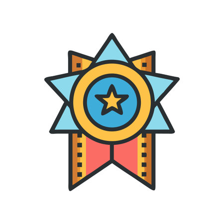 Gold Star Award Badge with Blue and Red Ribbon Icon Styleのイラスト素材