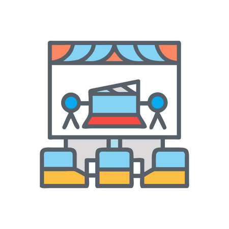 Stylized Movie Theater Illustration Featuring Seats and Stage on Black Backgroundのイラスト素材