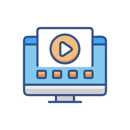 Computer displaying a video with a play button, media player application iconのイラスト素材