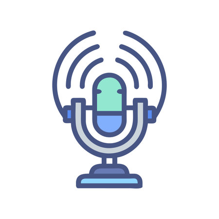 Modern Microphone Icon with Blue Waves on Black Background for Audio Purposesのイラスト素材