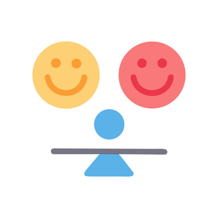 Balancing happiness: scales with smiley face icons, representing emotions and equilibriumのイラスト素材