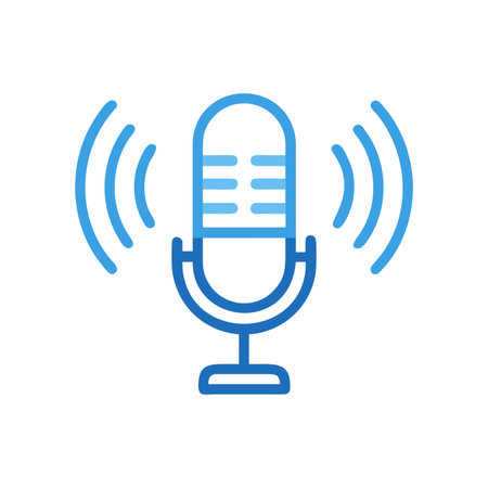 Blue outline microphone icon emitting sound waves against a black background.のイラスト素材