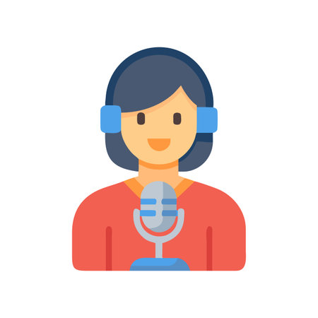 Cartoon woman in red shirt with microphone and headphones on black backdropのイラスト素材