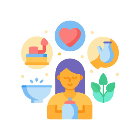 Illustration of holistic woman surrounded by icons representing wellness and self-careのイラスト素材