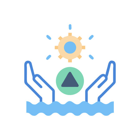 Illustration of hands holding growth and progress towards innovation with a sun symbolのイラスト素材