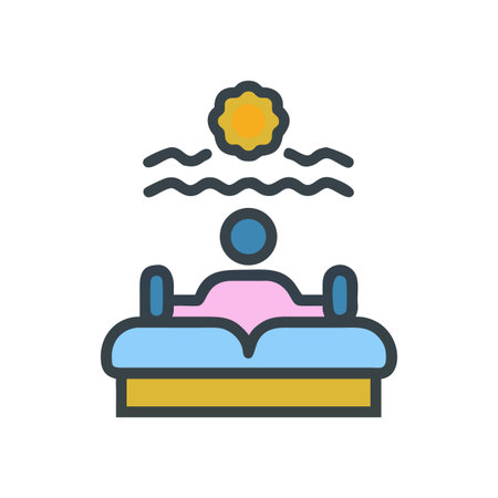Cartoon illustration depicting a person relaxing in bed under the sun and wavesのイラスト素材